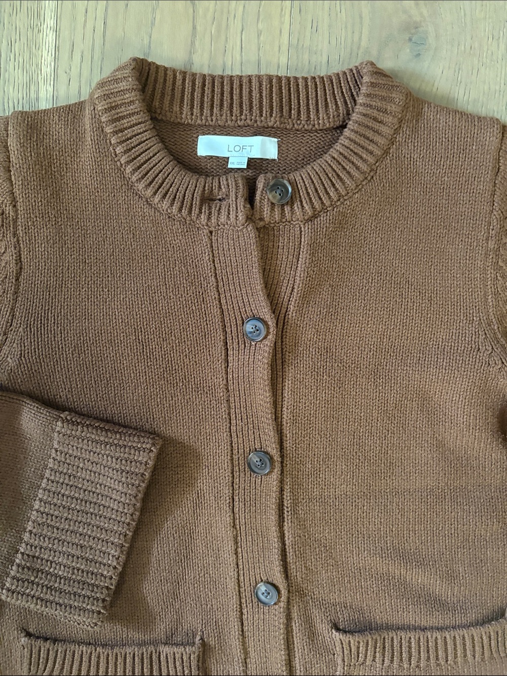 LOFT Brown Crewneck Button Cardigan